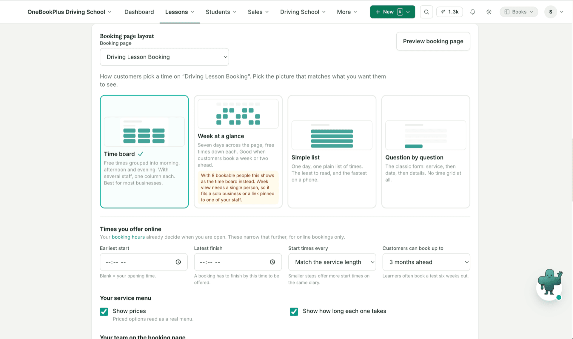 The booking page layout editor: time board, week at a glance, simple list or question by question
