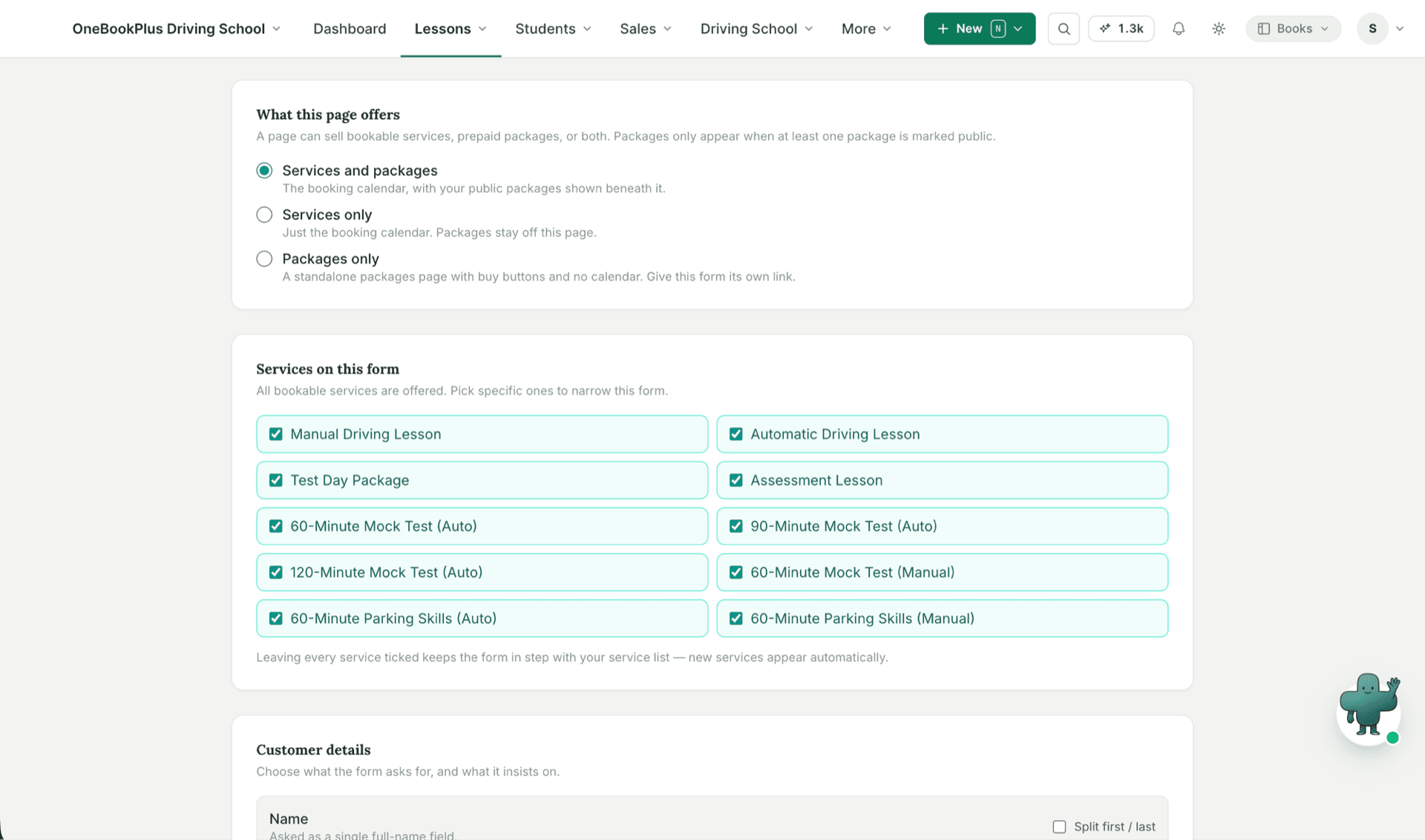 Booking page editor choosing between services, packages, or both