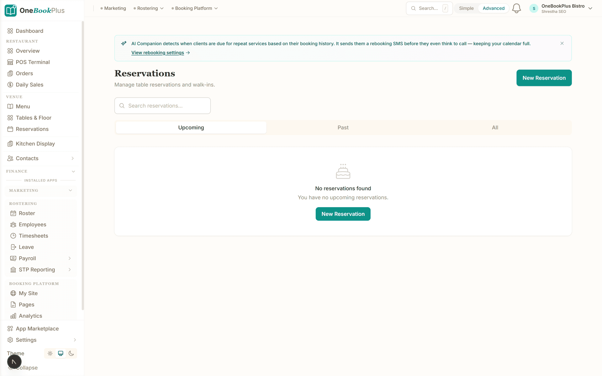 OneBookPlus bookings calendar with day and week views