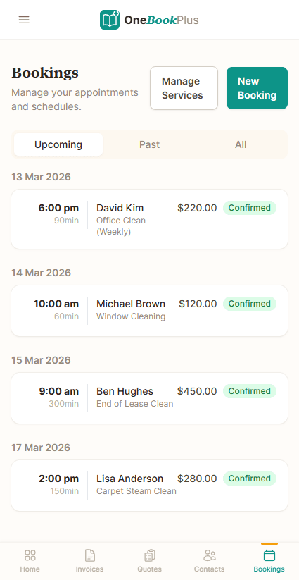 OneBookPlus booking list on a phone showing upcoming appointments grouped by date, each with the start time, the duration in minutes, the client, the service booked, the price and a confirmed status
