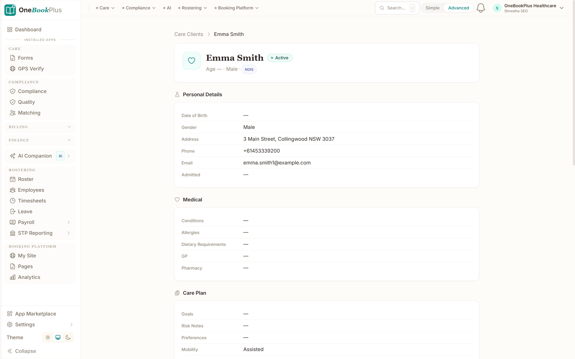 Recipient profile with care plan