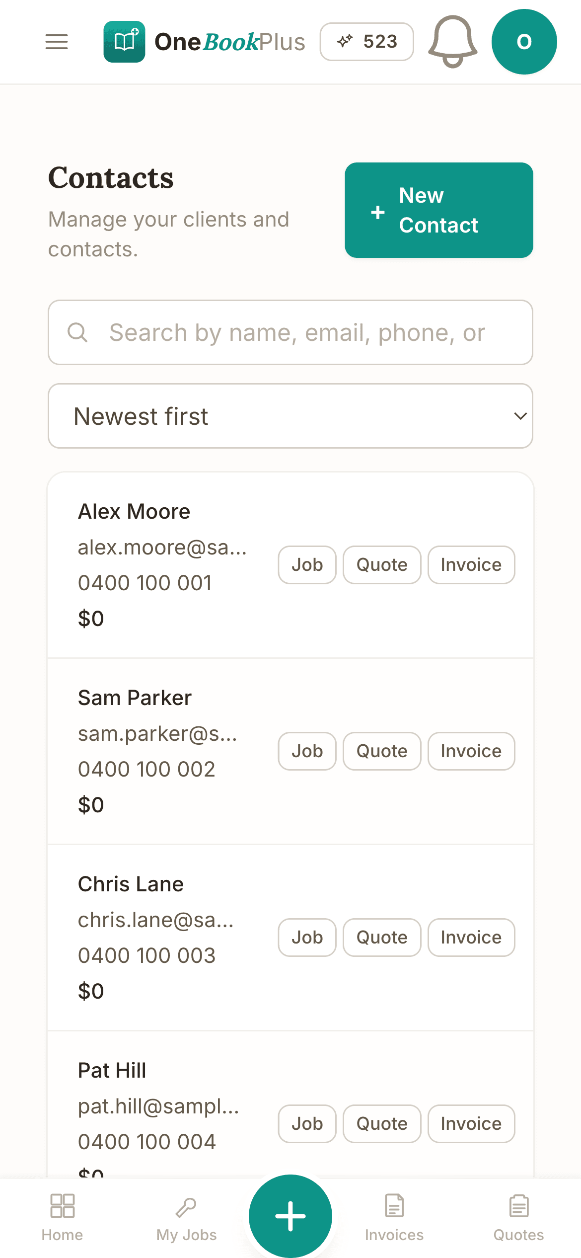 The contacts list in the OneBookPlus iPhone app, with a job, quote and invoice shortcut on every contact