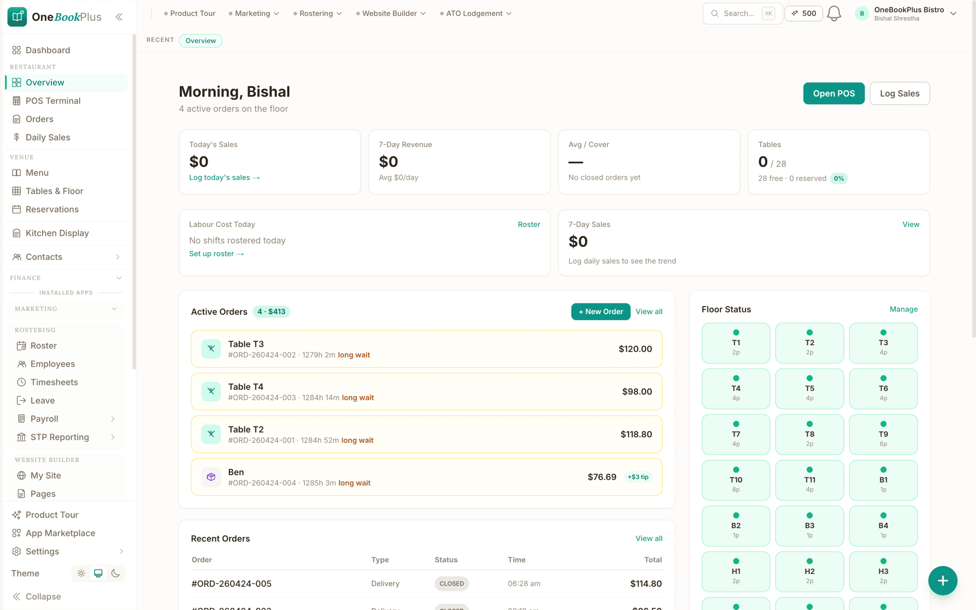 Dashboard at a glance, key numbers and recent activity