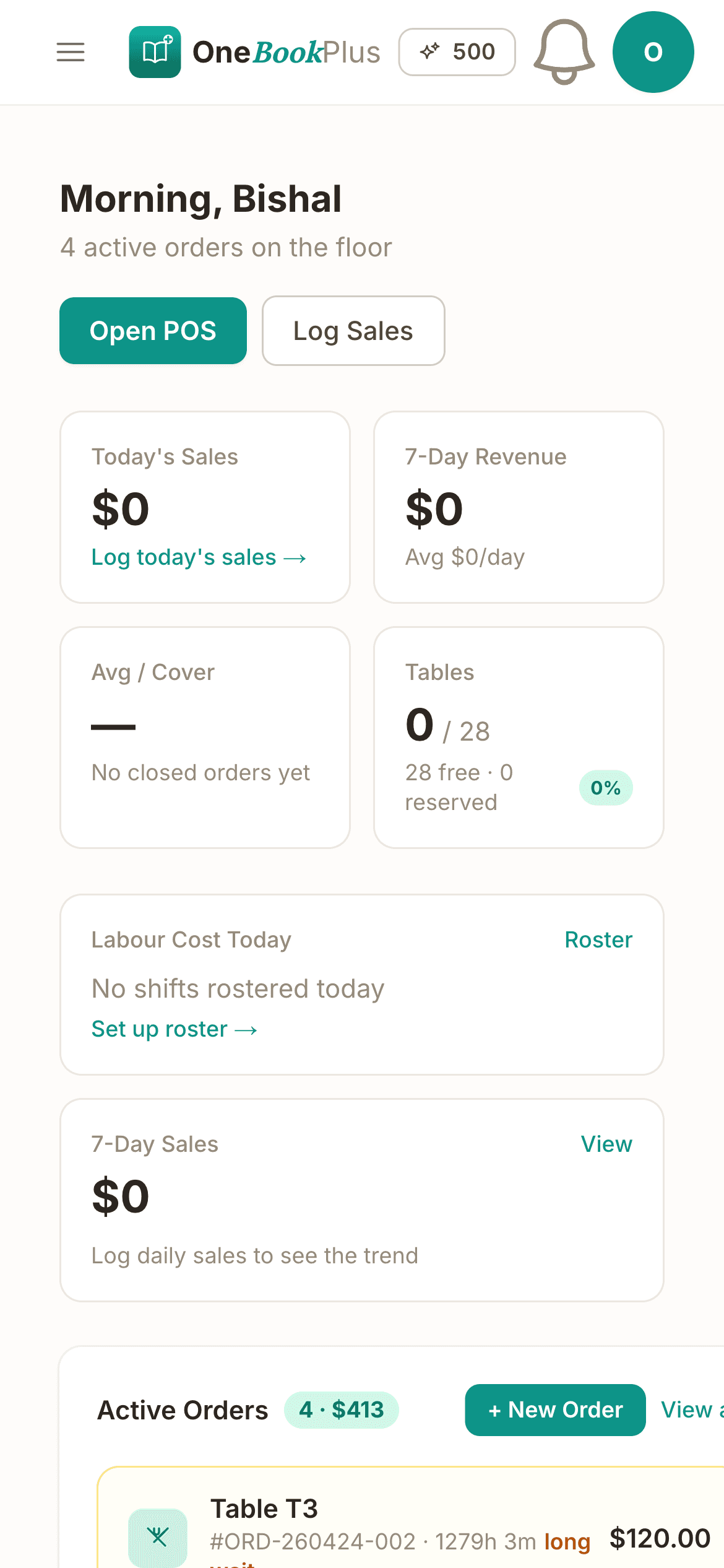 The OneBookPlus home dashboard in the iPhone app, showing today's sales, table status and the active orders list