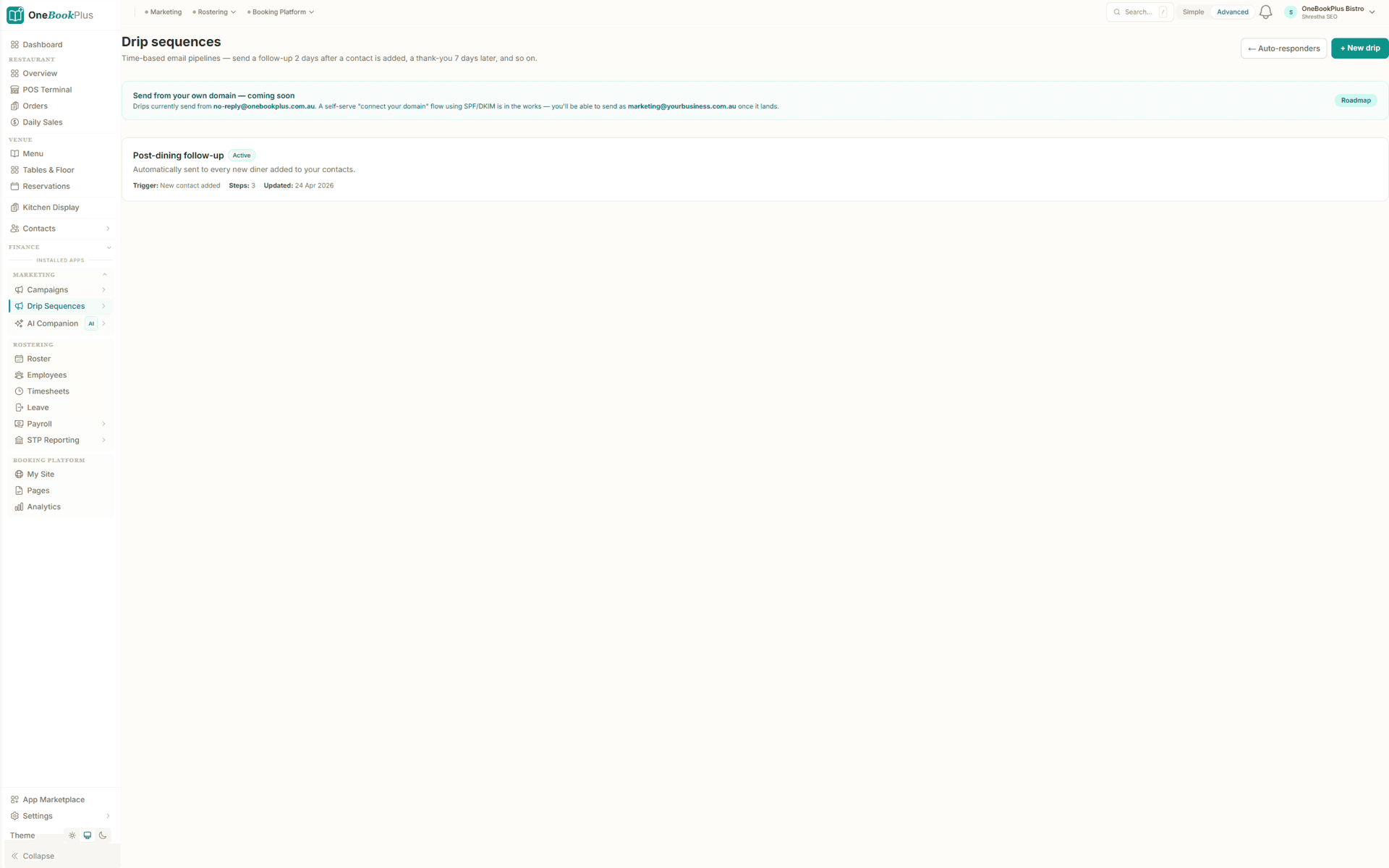 Visual drip flow builder with branching steps