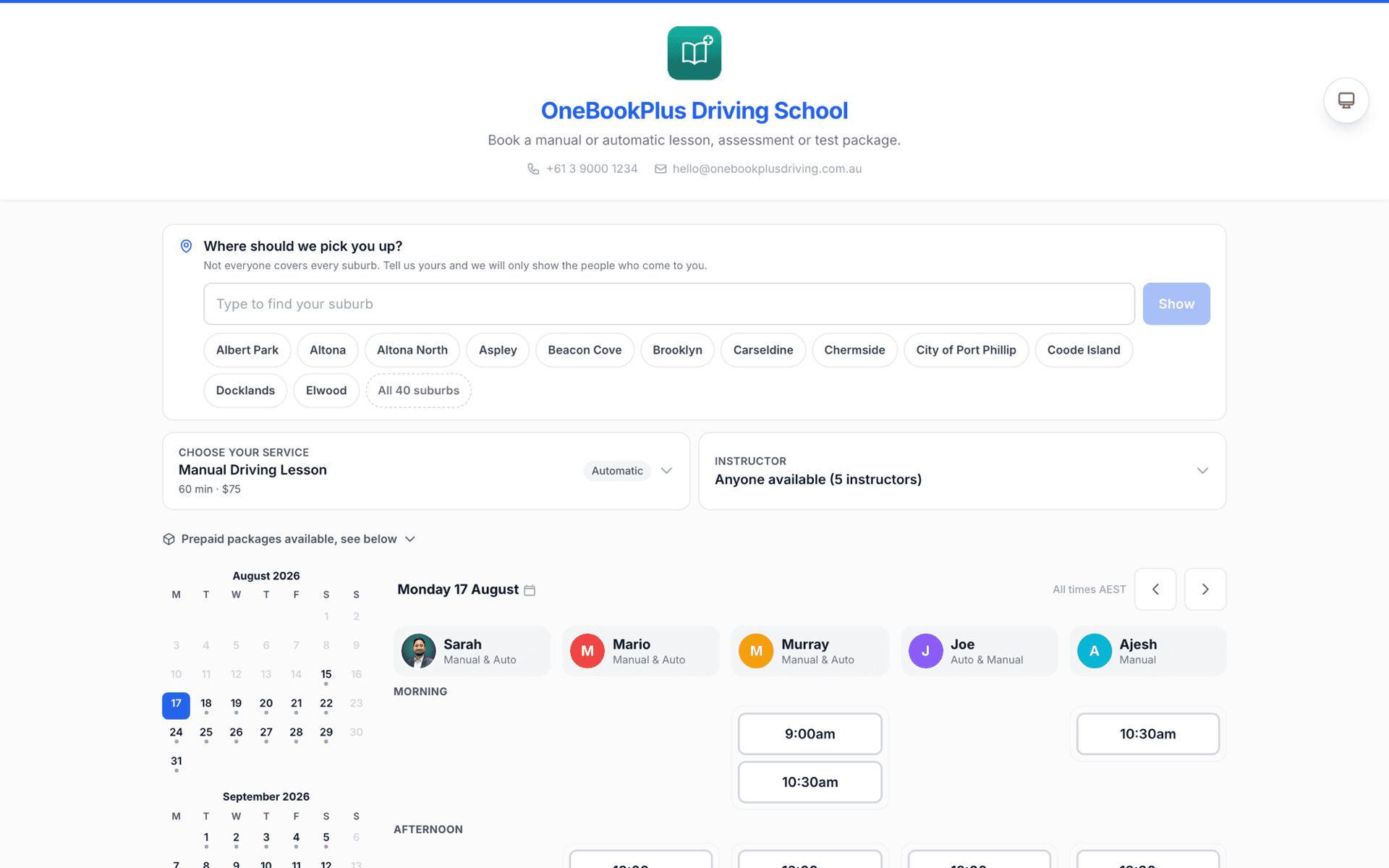 Public OneBookPlus booking page showing staff columns, live times and a suburb picker