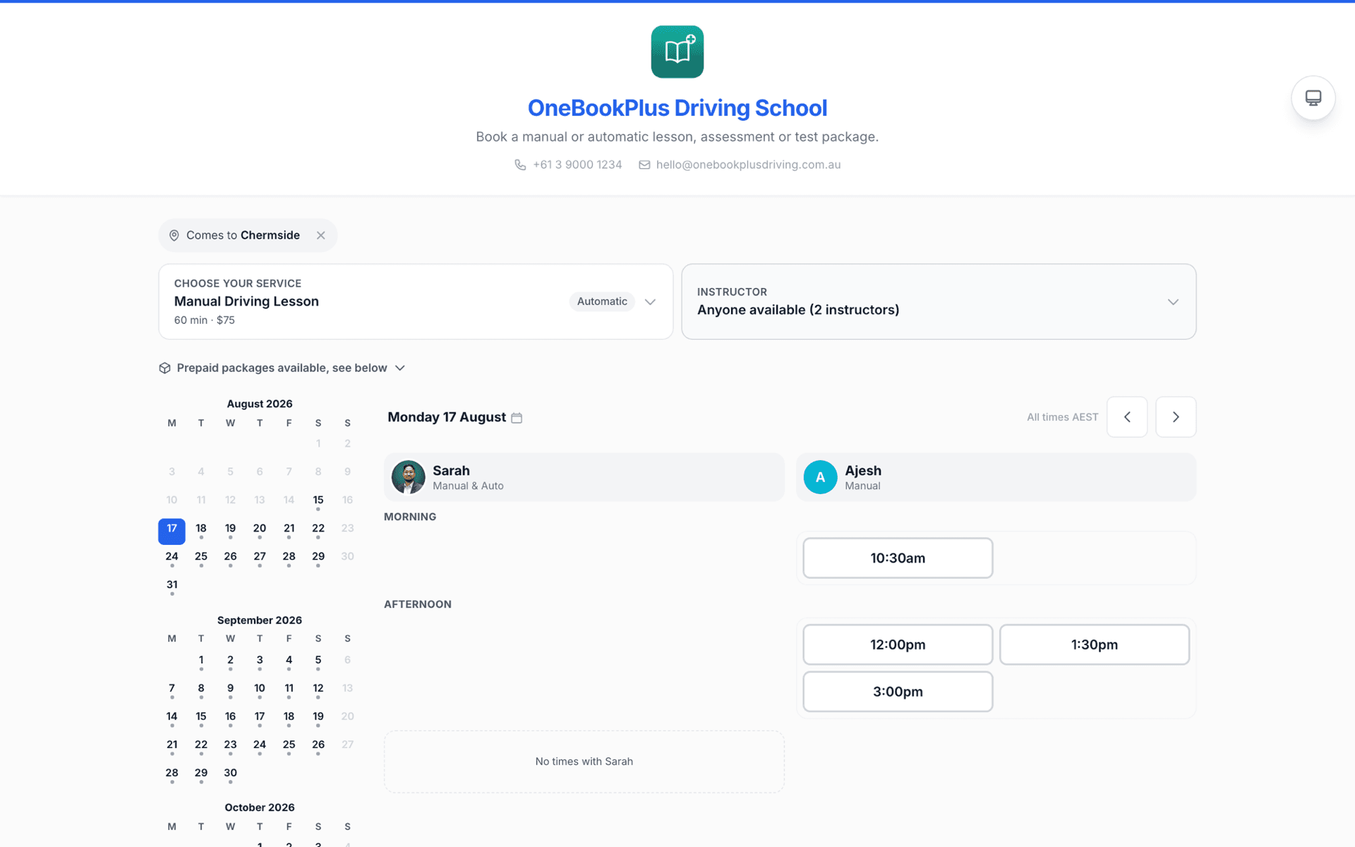 Booking page filtered to a chosen suburb, showing only the staff who cover it