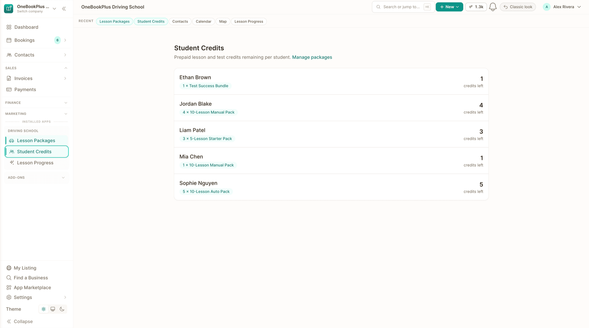 The prepaid lesson credit ledger for a student in OneBookPlus