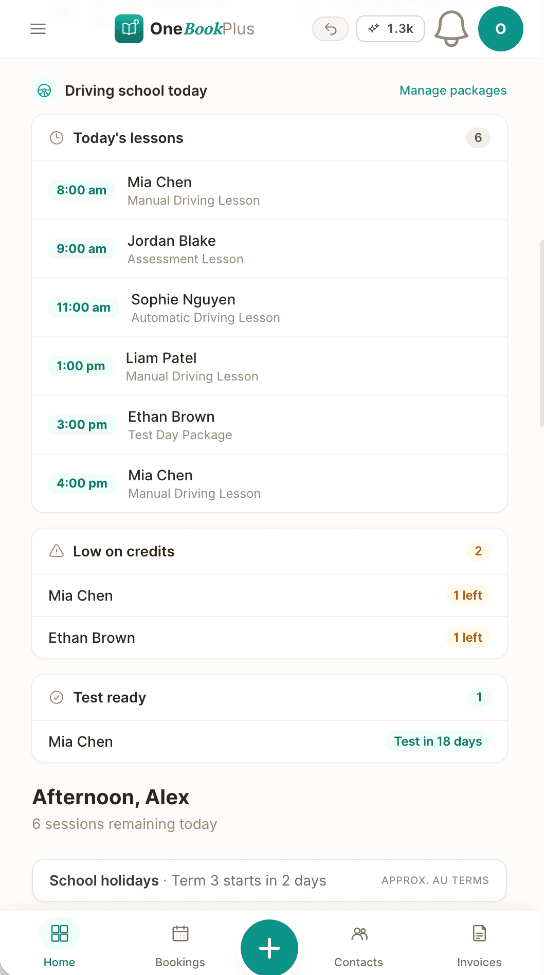 The driving school today panel in the OneBookPlus phone app