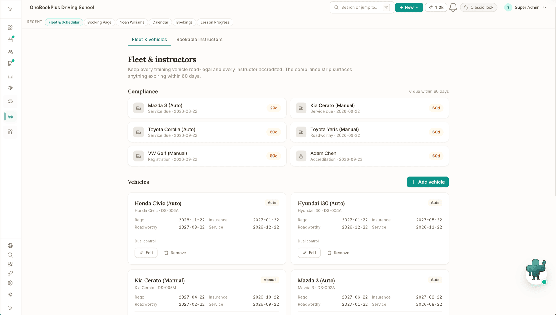 Fleet and instructor compliance in OneBookPlus: service, roadworthy, rego and accreditation expiry warnings
