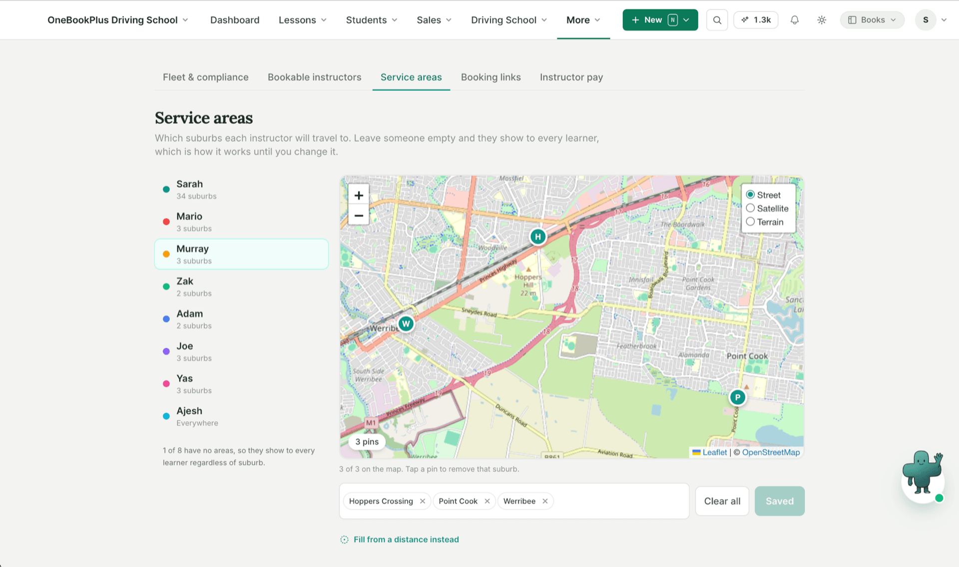 Per-instructor pickup suburbs pinned on a map