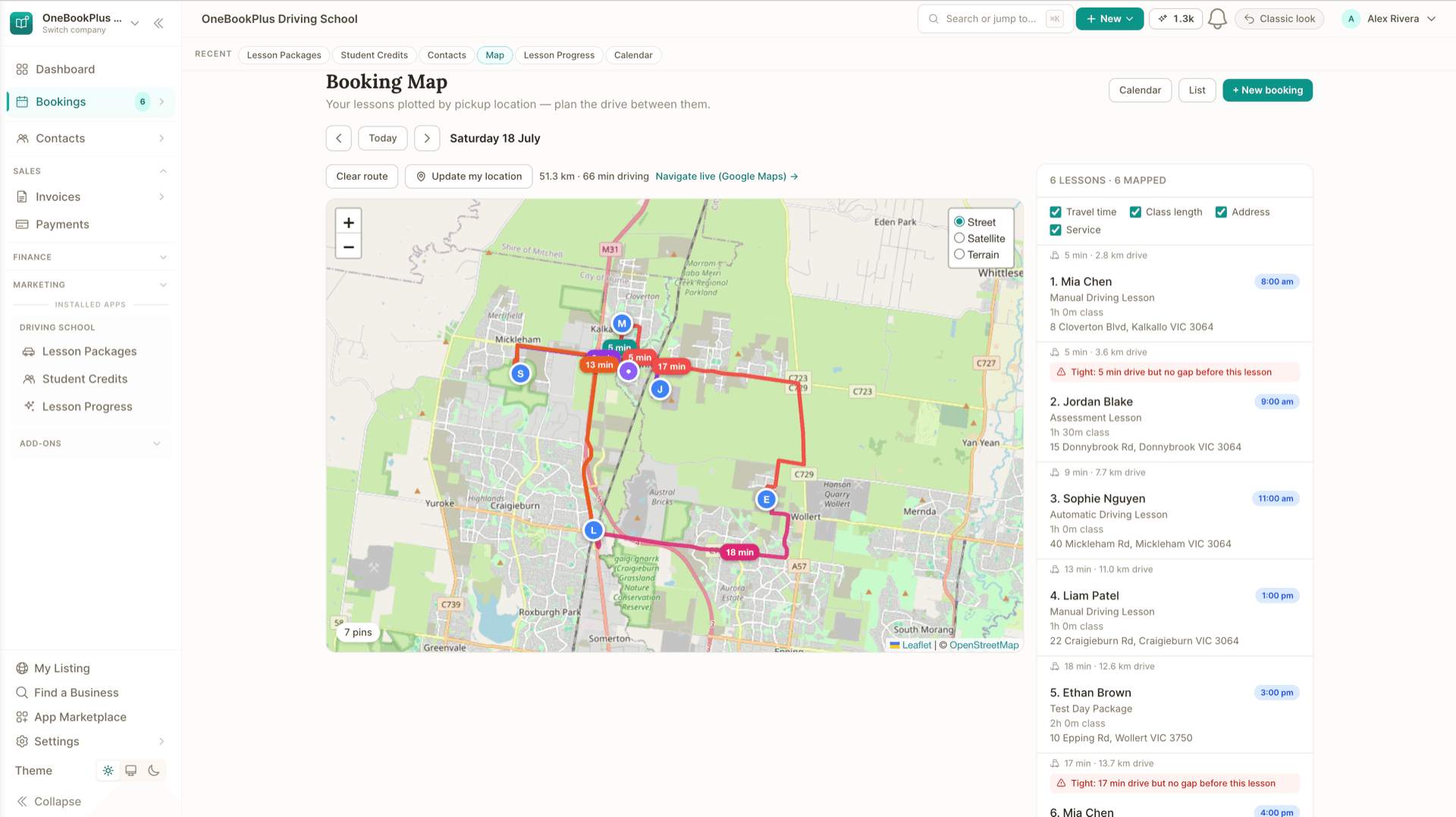 Lesson pickups plotted on a map with the drive route in OneBookPlus on a laptop