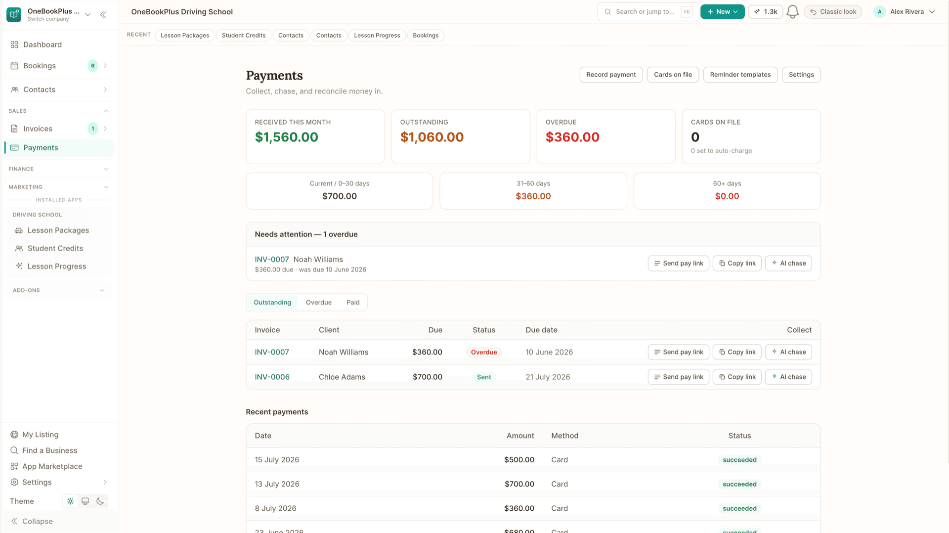 Package payments reconciling against their invoices in OneBookPlus