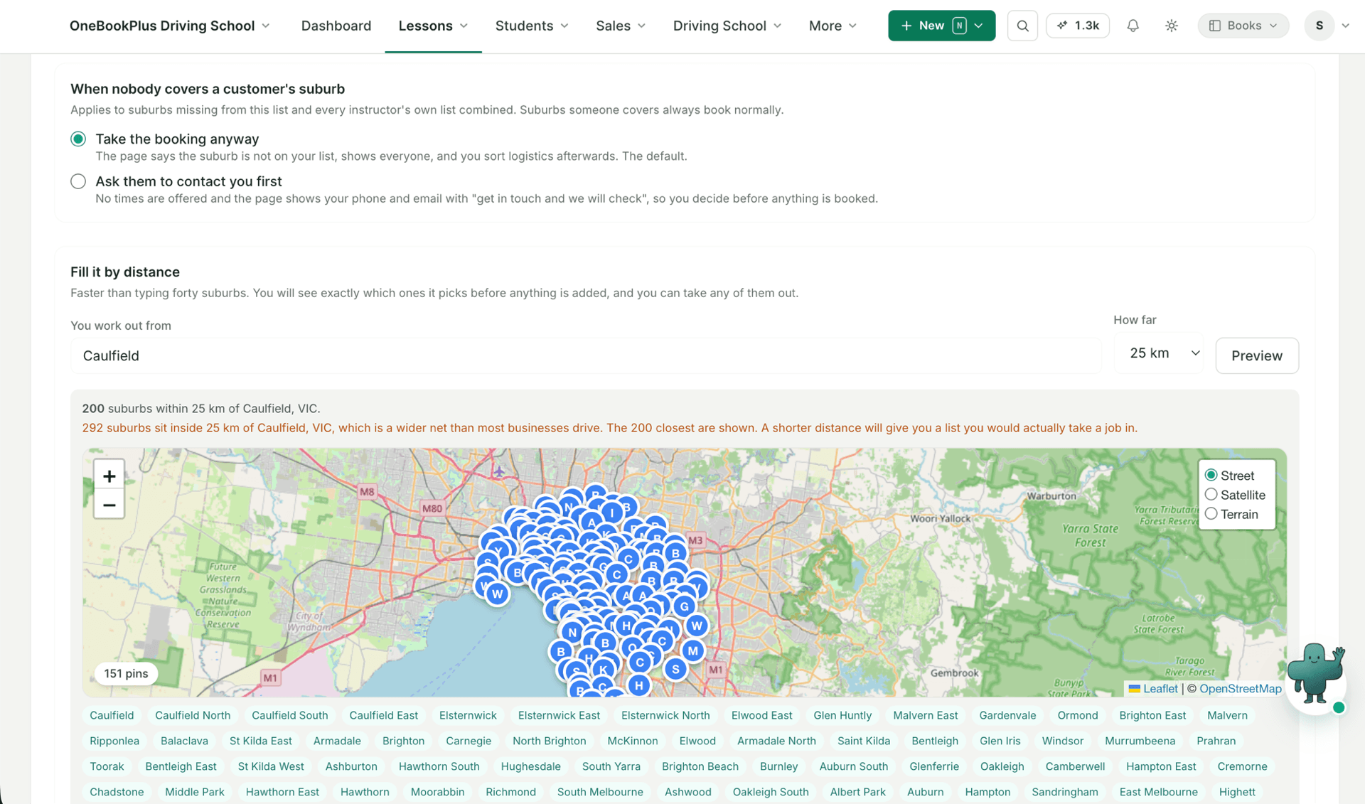 Service area settings: fill suburbs by distance on a map, and choose what happens outside them