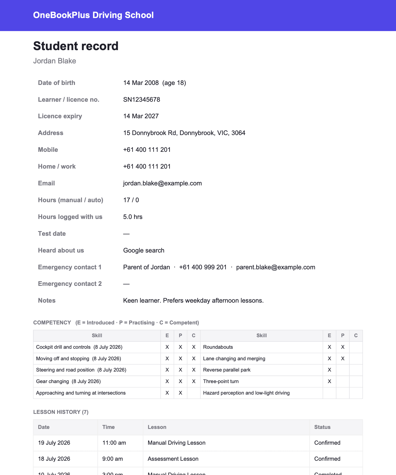 A student's printable record in OneBookPlus: details, hours, competency grid and lesson history