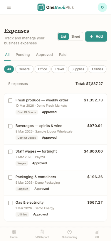 OneBookPlus expenses list and receipt inbox with suggested categorisation