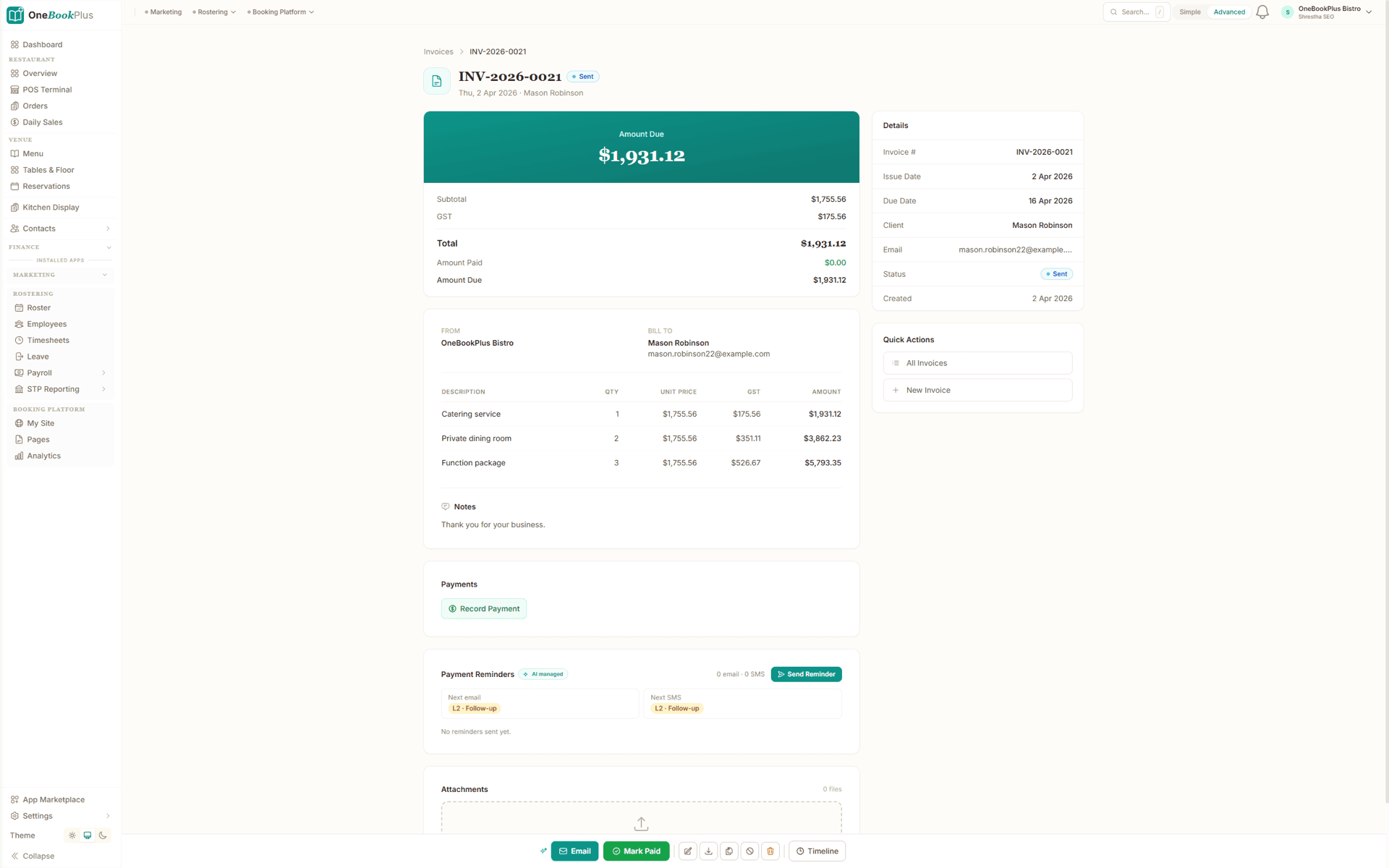 OneBookPlus progress claim invoice showing GST, retention held and balance due