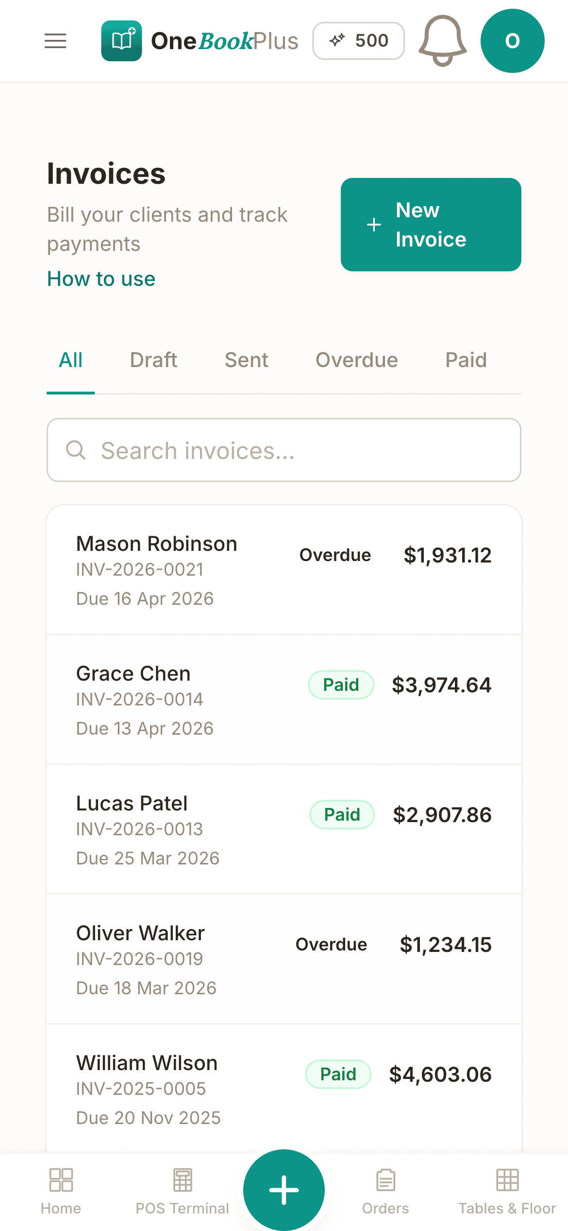 The invoices list in the OneBookPlus iPhone app, showing paid and overdue invoices with their due dates