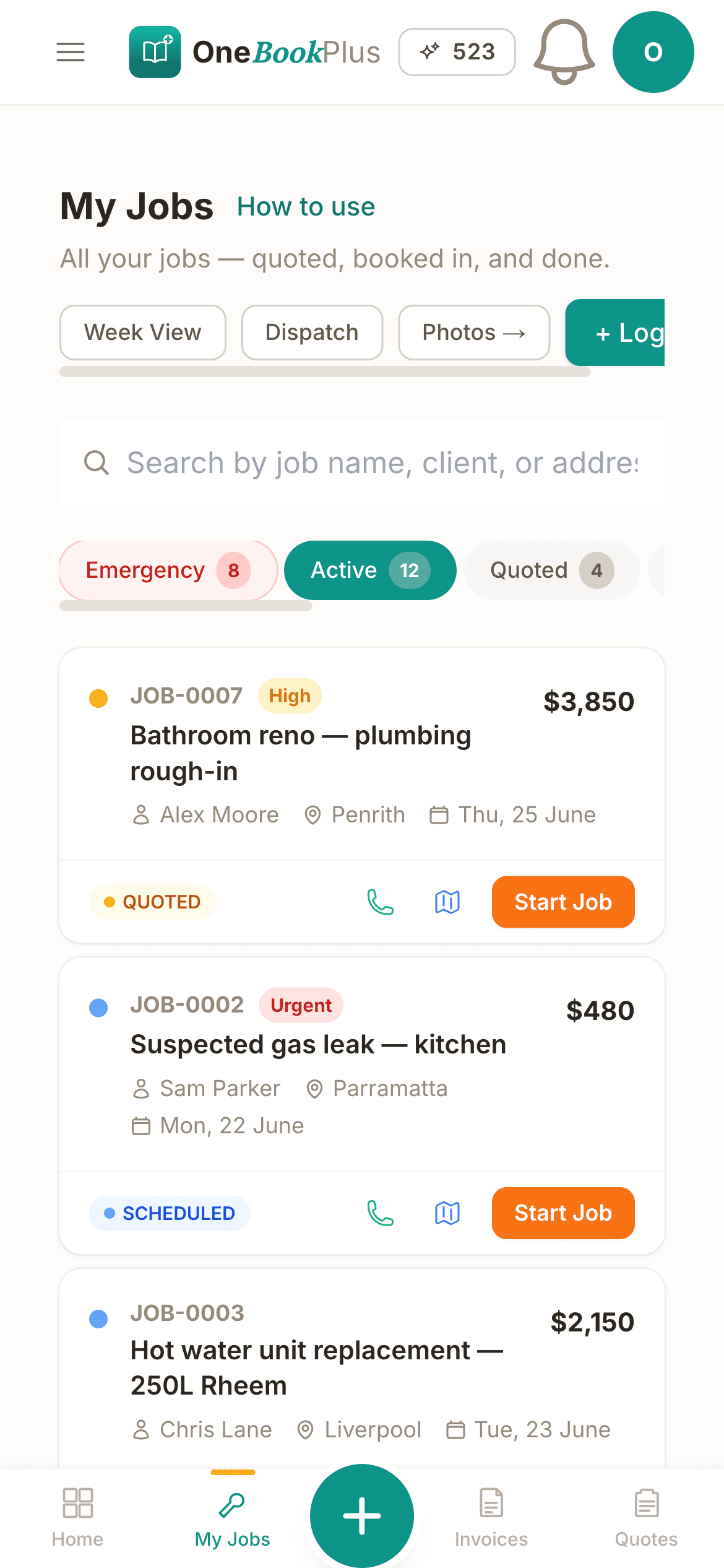 The My Jobs list in the OneBookPlus iPhone app, showing quoted and scheduled jobs with their values