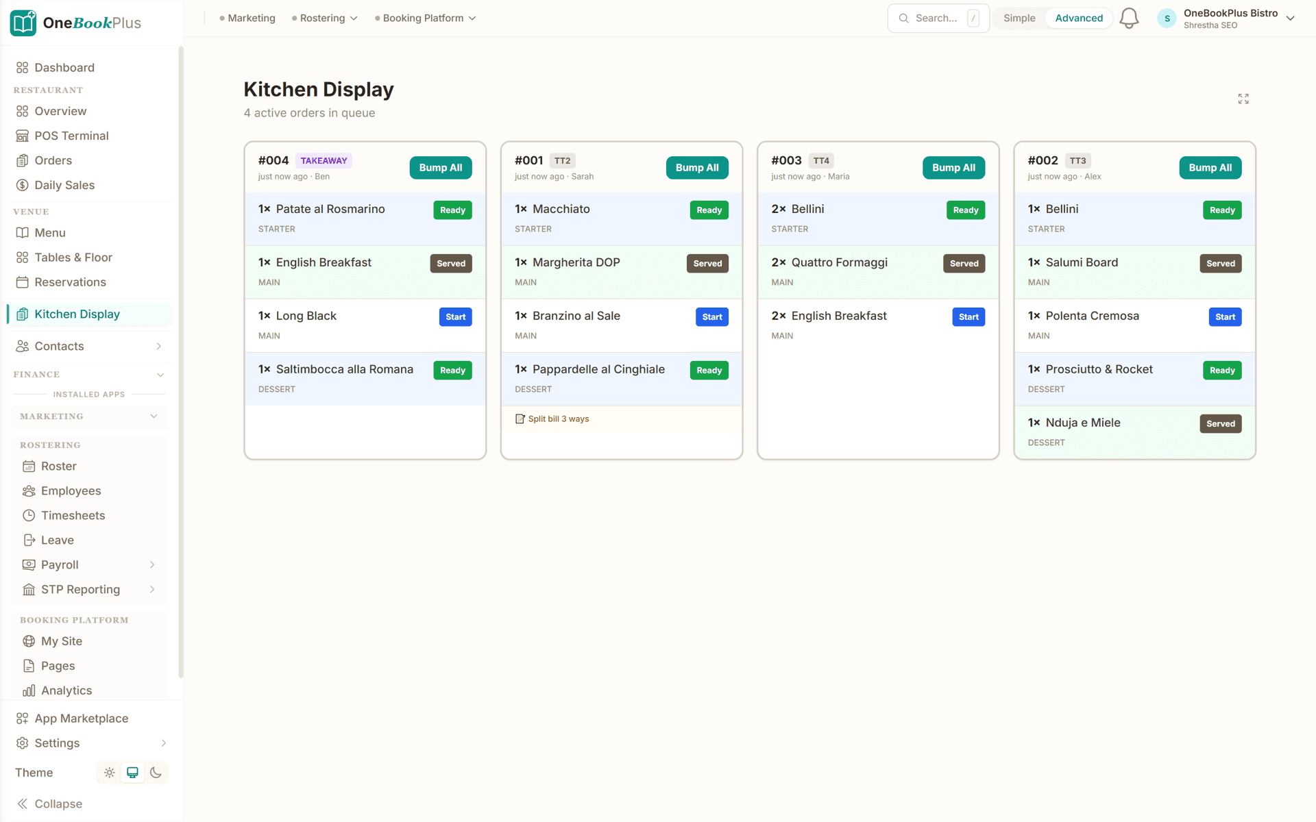 Kitchen display system showing in-flight orders by status
