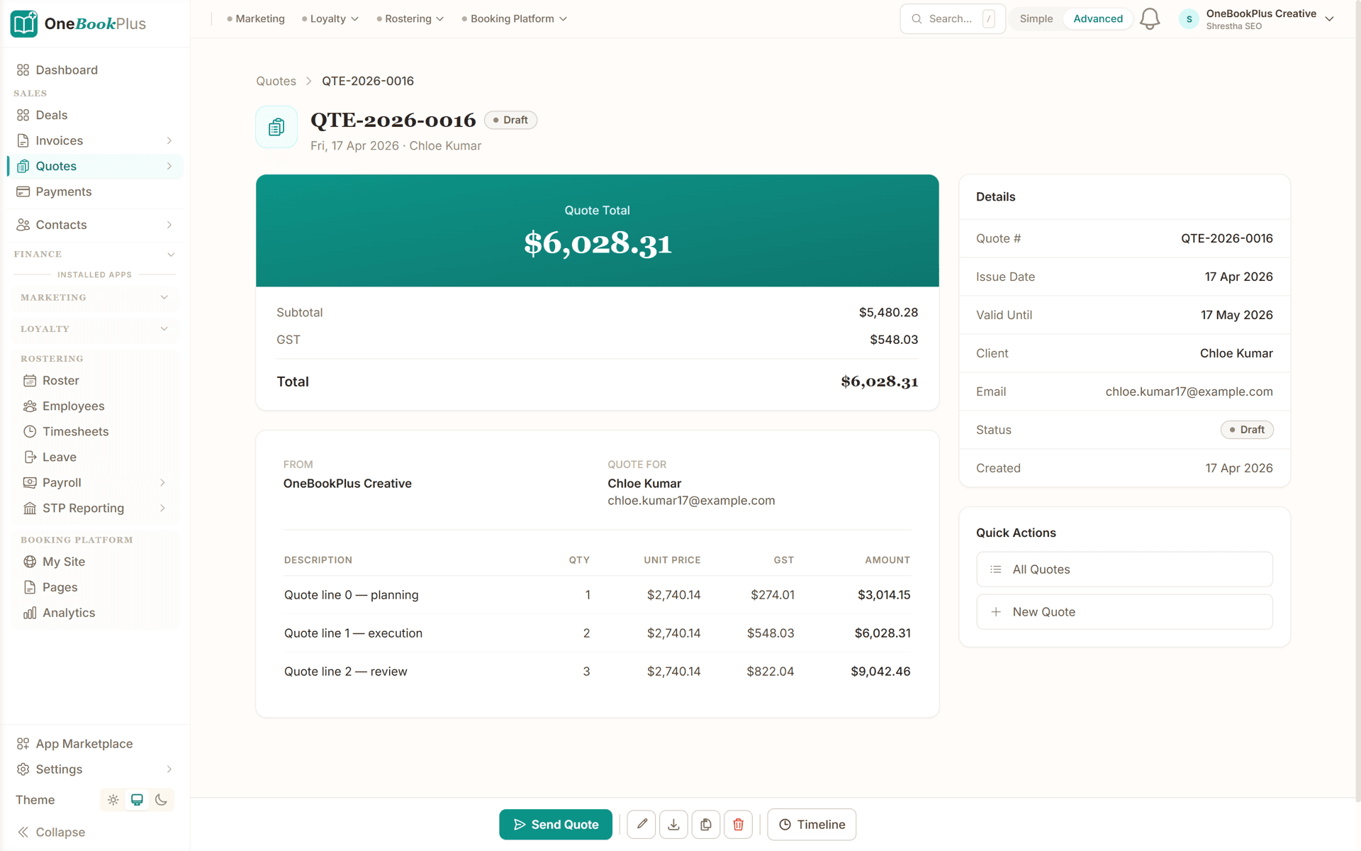 OneBookPlus estimate with itemised line items, quantities, unit prices and GST totals