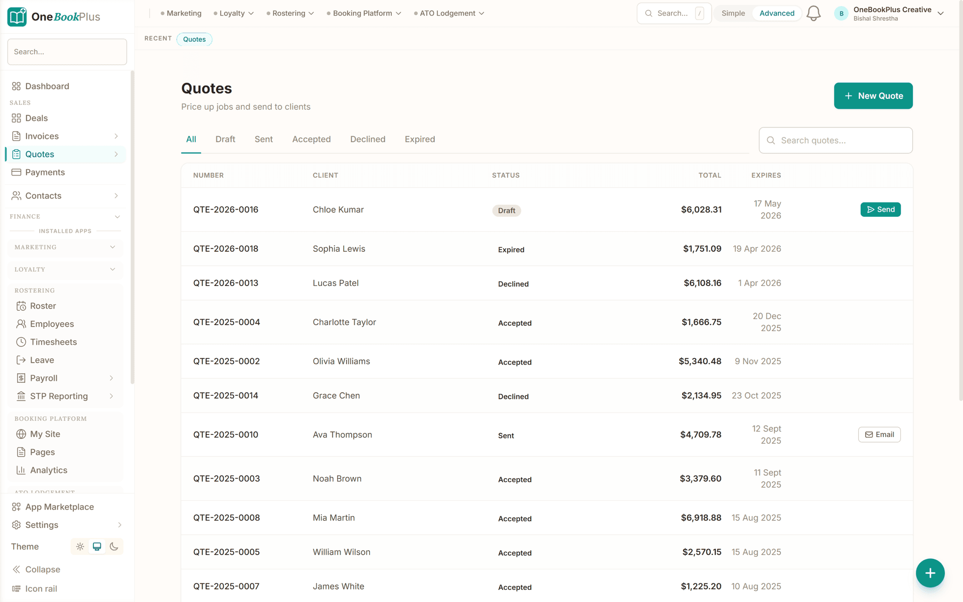 OneBookPlus quote list showing sent, viewed and accepted statuses