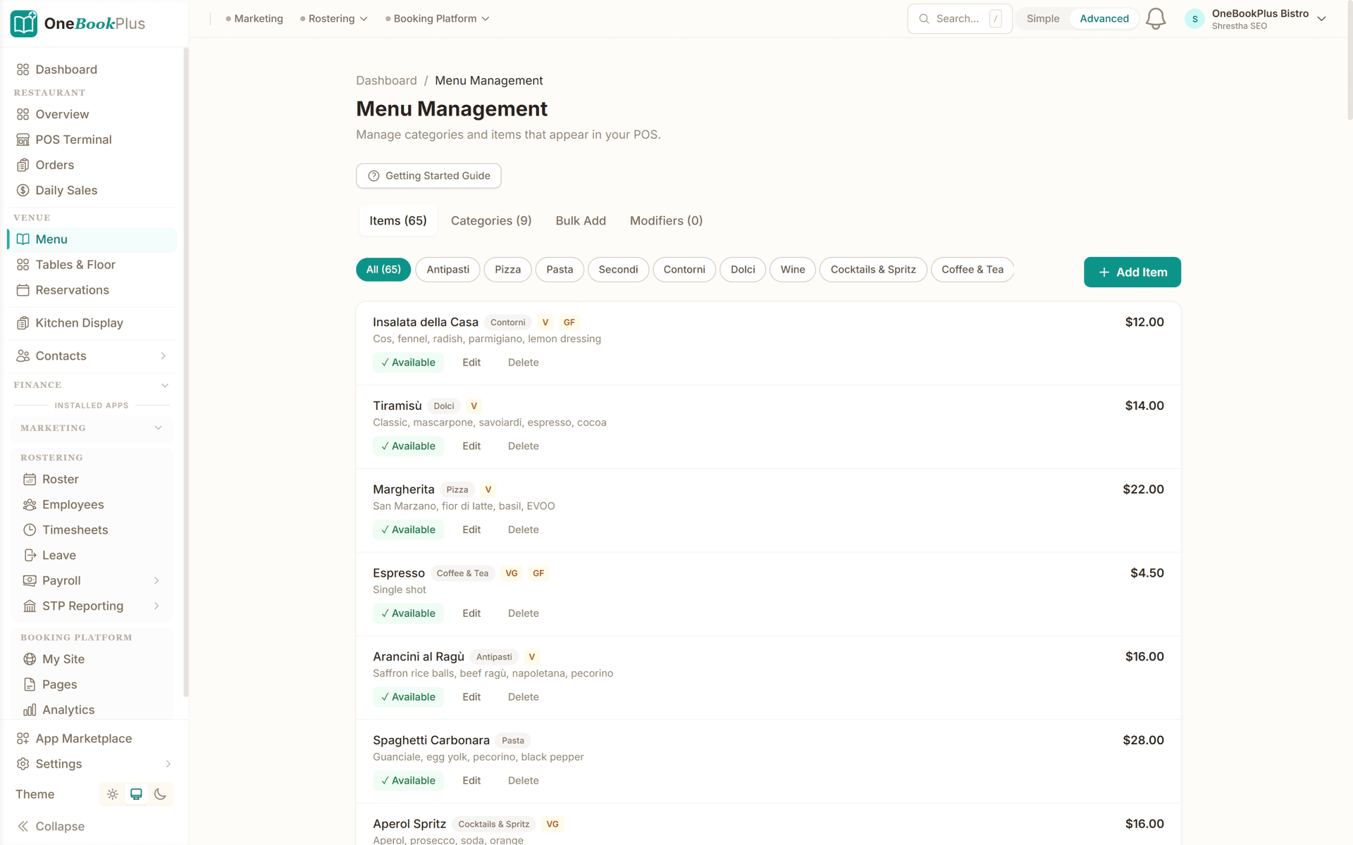 Restaurant menu with categories and items