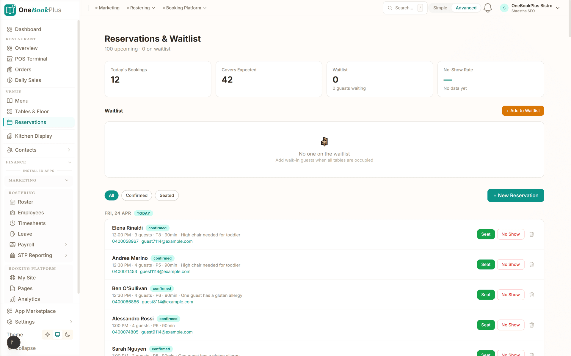 Reservation list with party size, time and notes