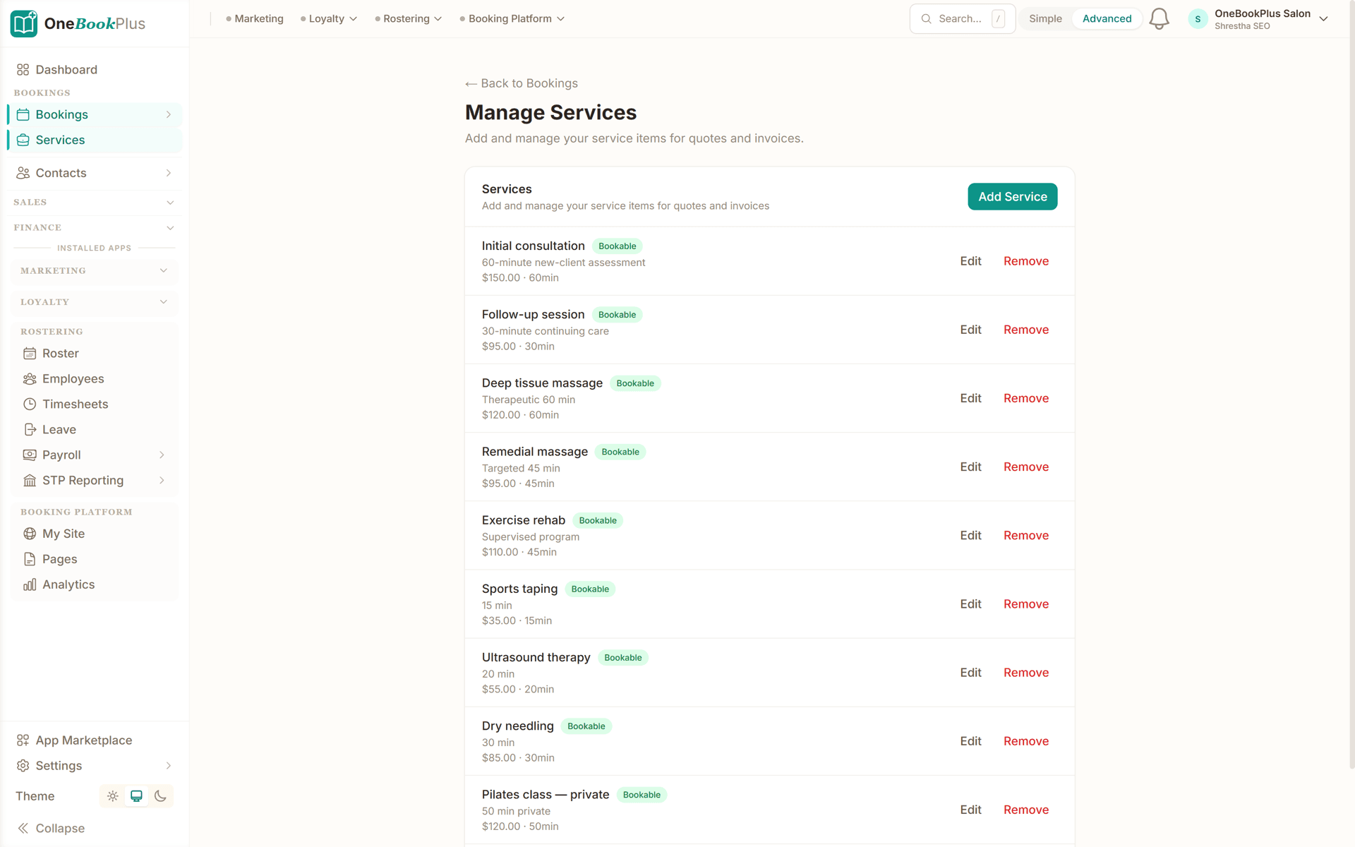 Service menu with prices and durations