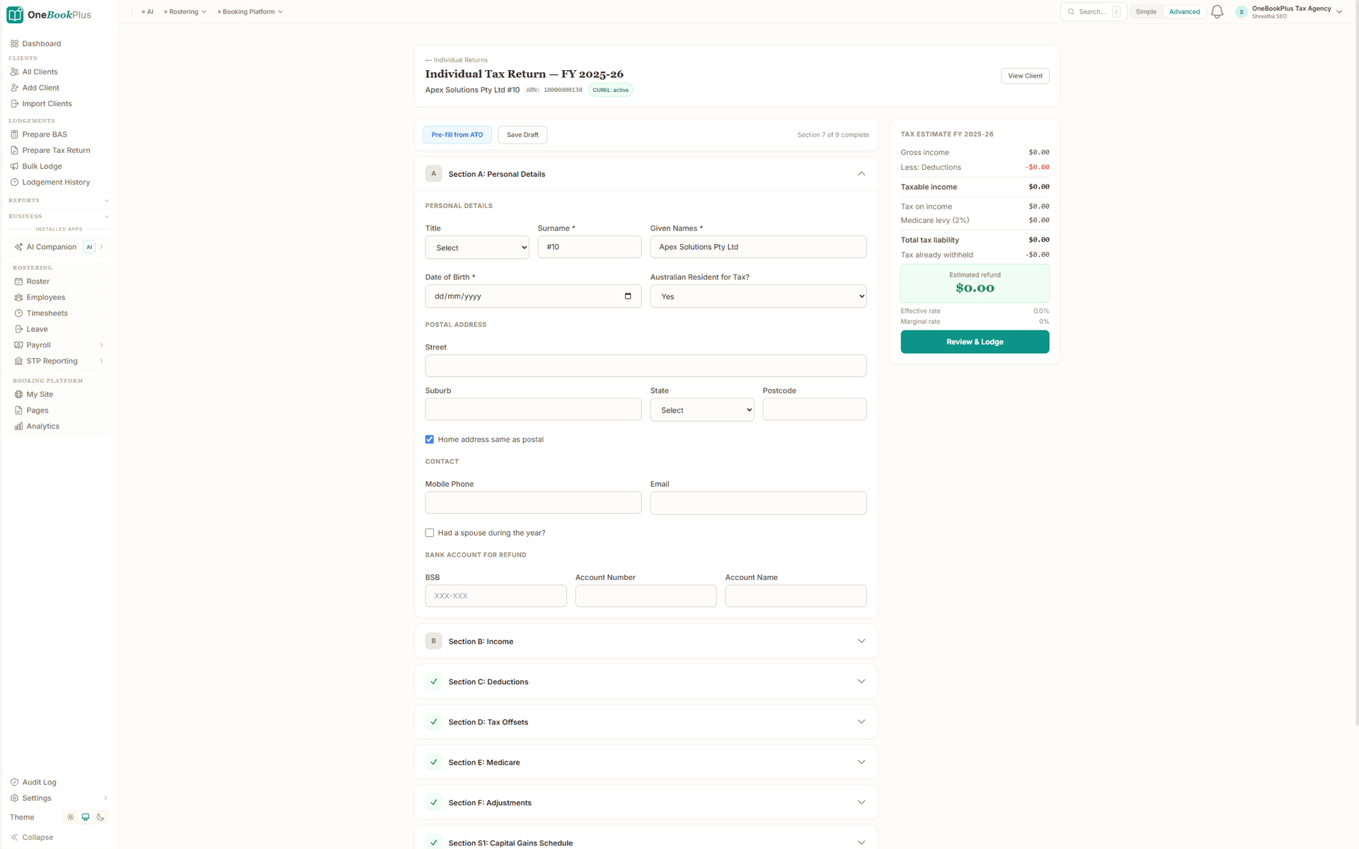 OneBookPlus IITR preparation form, income, deductions, offsets and Medicare