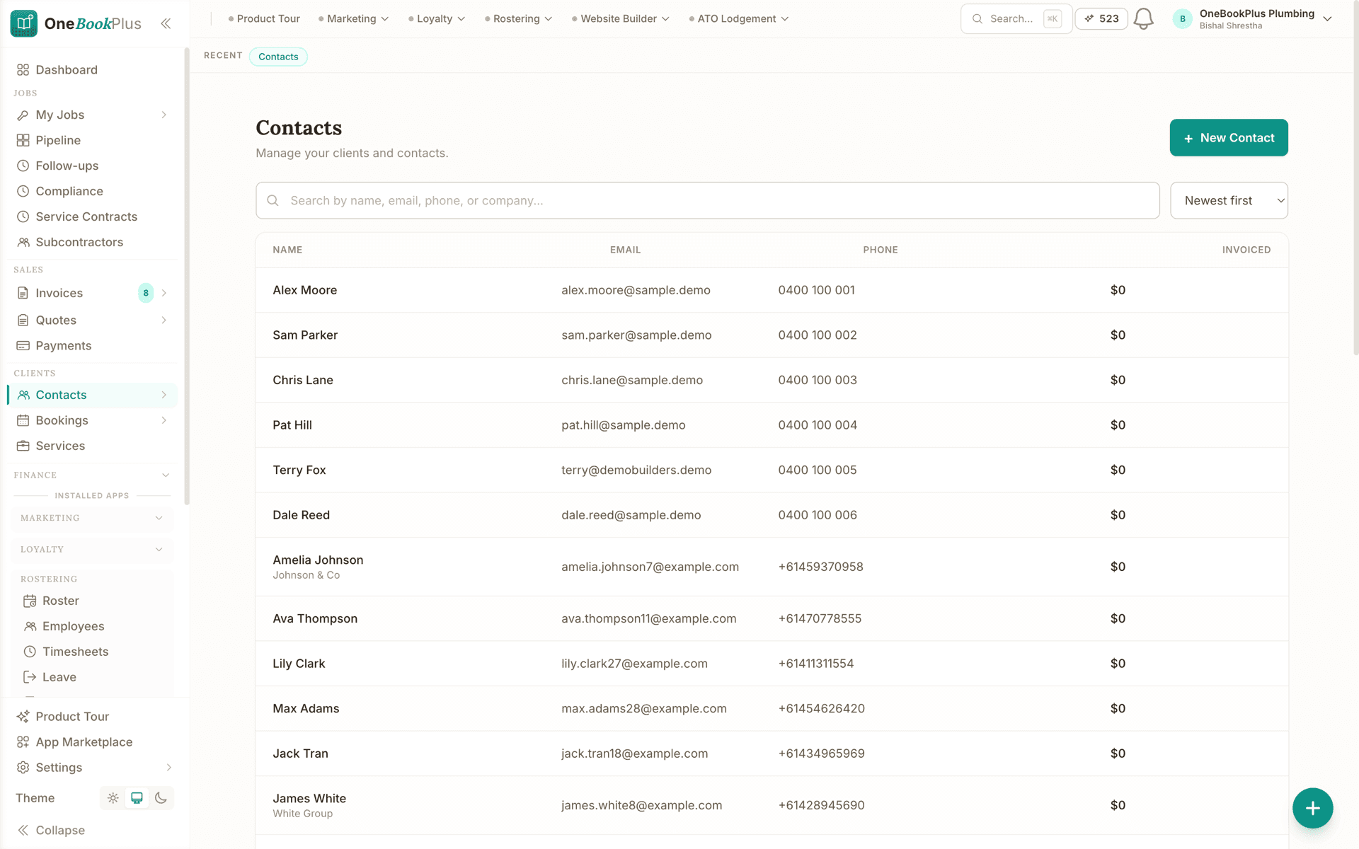 Contacts & CRM in the OneBookPlus web app