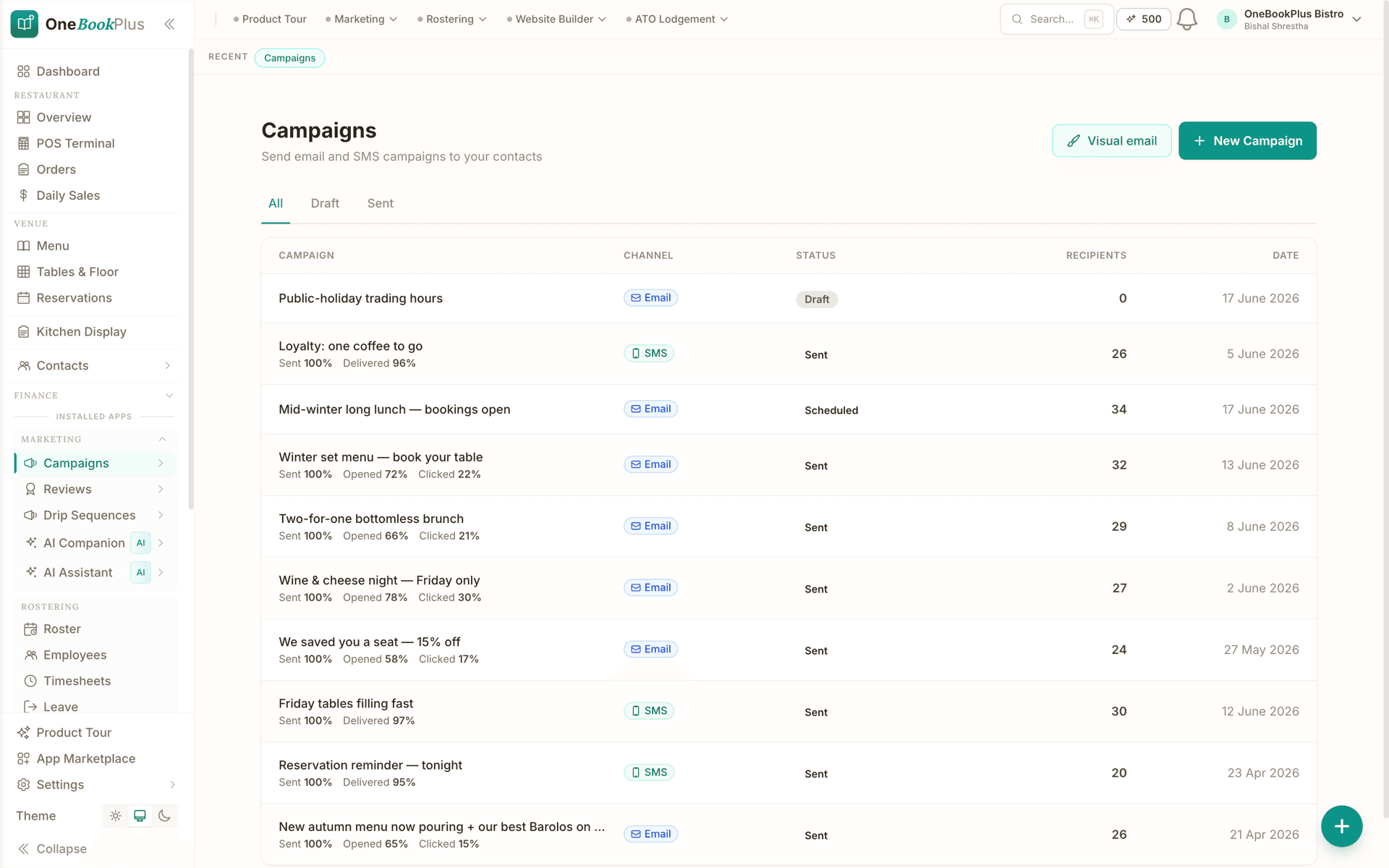 Email & SMS campaigns in the OneBookPlus web app