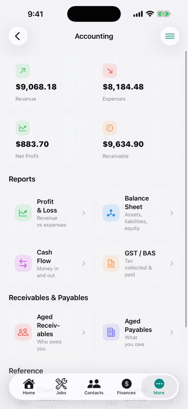 Accounting reports on the OneBookPlus iPhone app