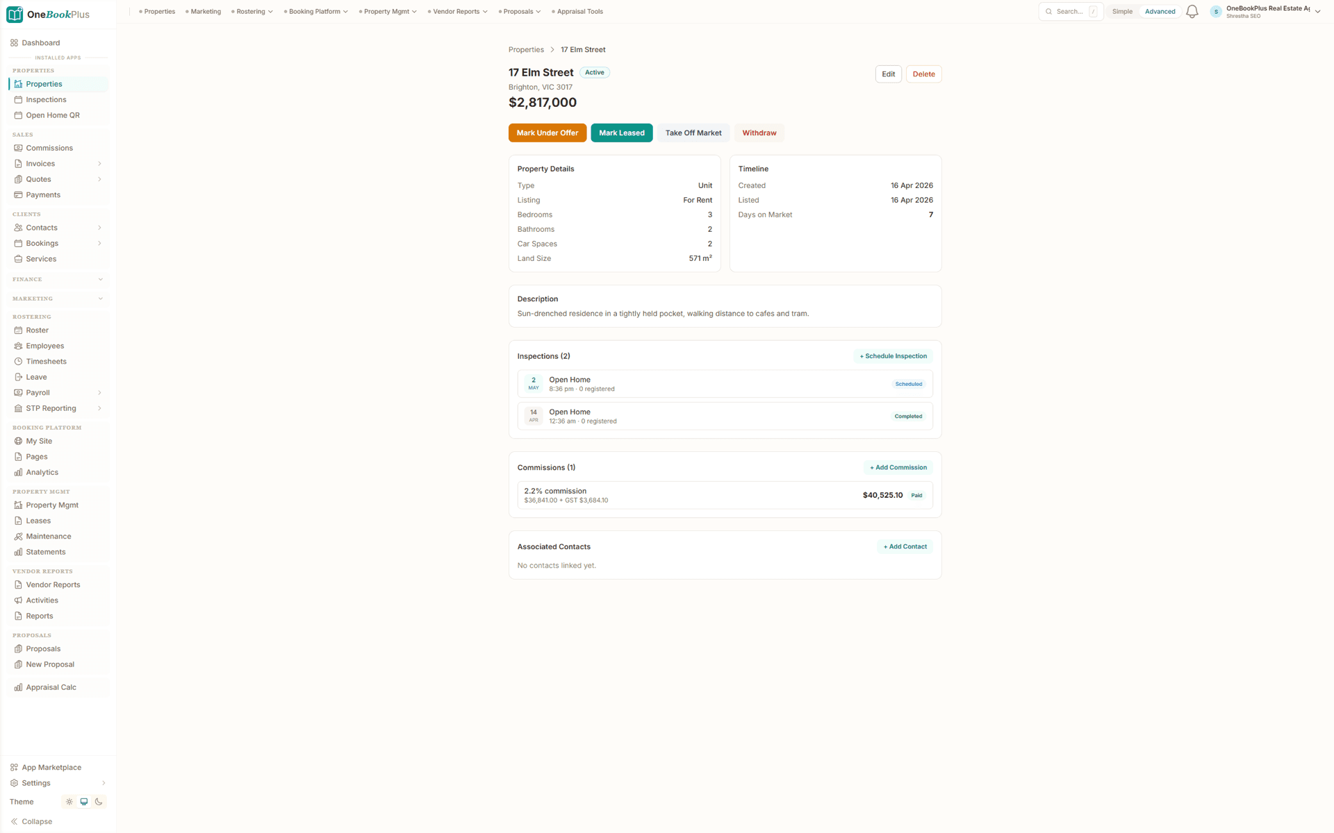 OneBookPlus property detail, photos, features, inspection schedule and lease info